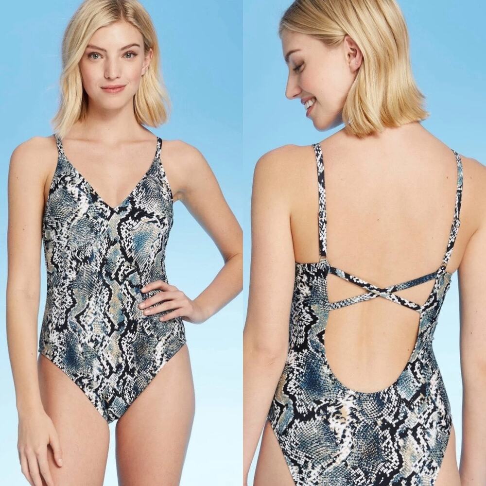 Shade & Shore Blue Snakeskin Print Open Back One Piece Swimsuit Women’s XL